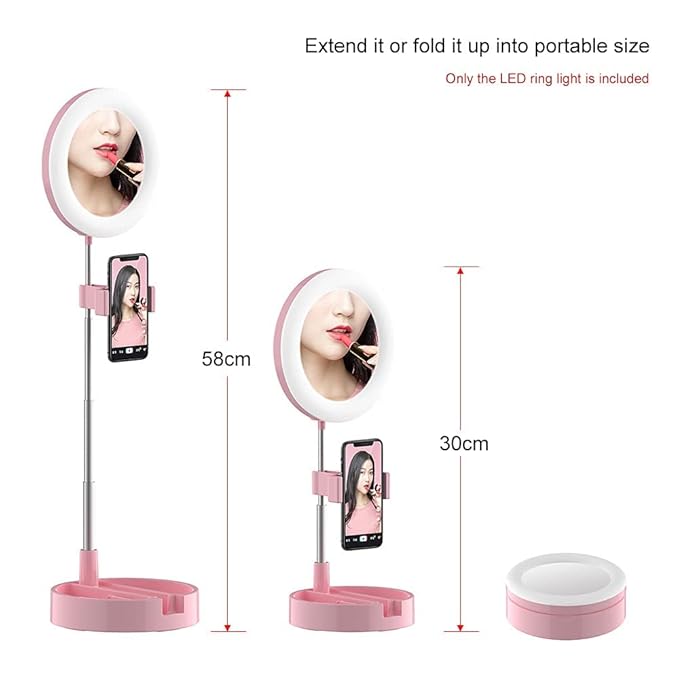Portable LED Ring Light with Mirror, Phone Holder & Storage – Perfect for Makeup & Content Creation