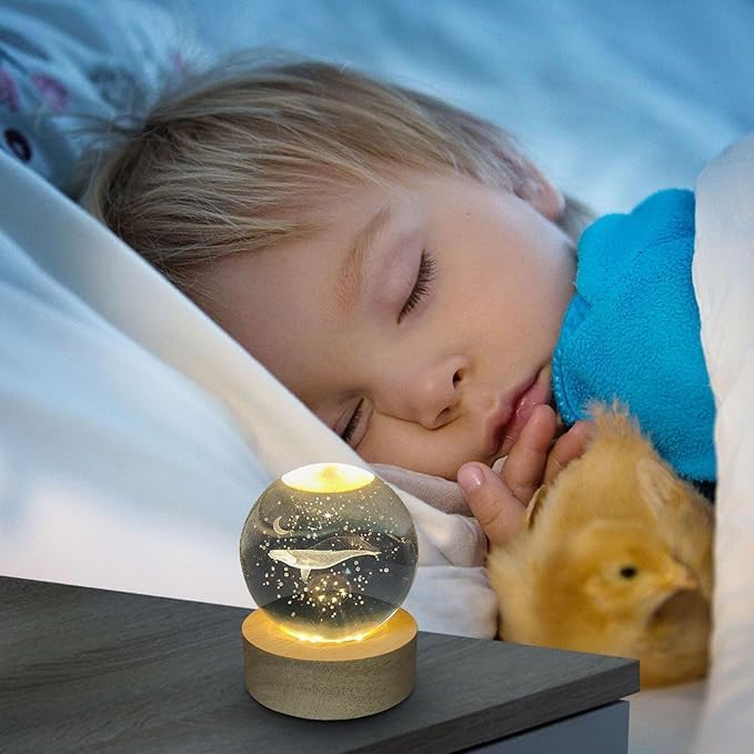 3D Whale Crystal Ball Night Light with LED Wooden Base