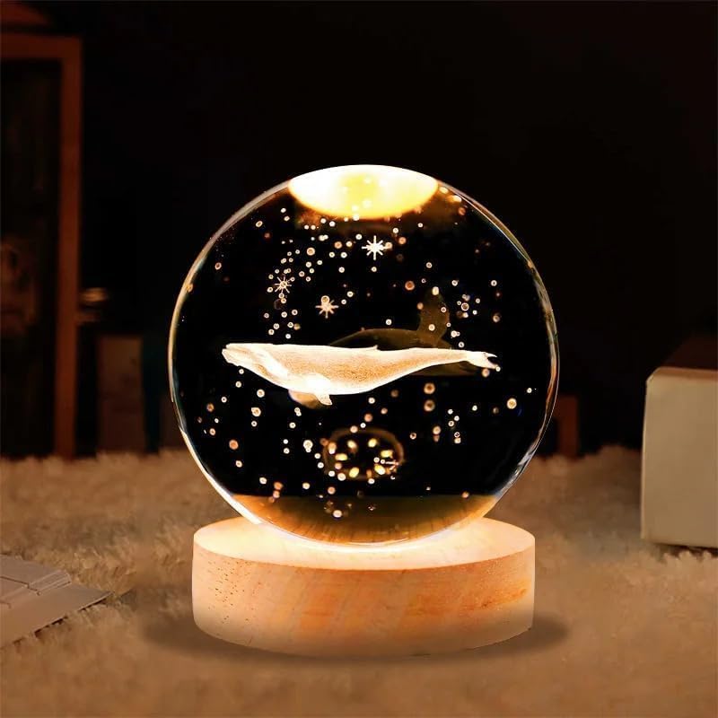3D Whale Crystal Ball Night Light with LED Wooden Base