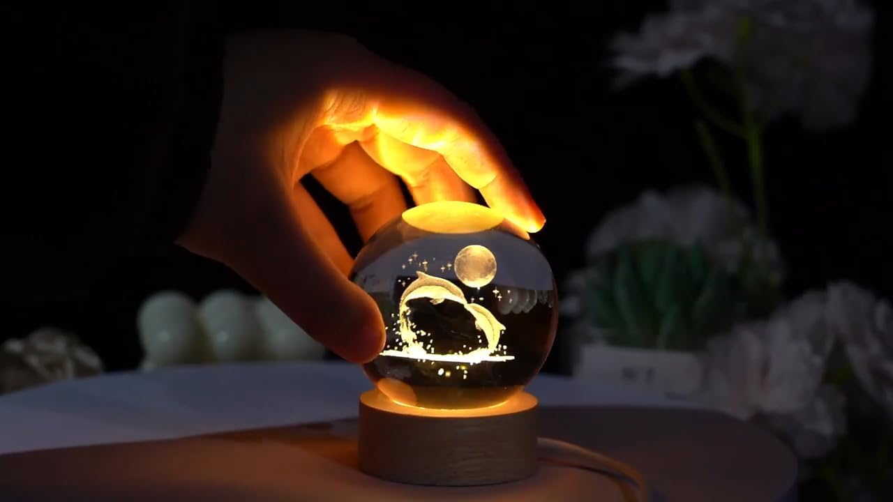 3D Engraved Dolphin Crystal Ball LED Night Light with Wooden Base
