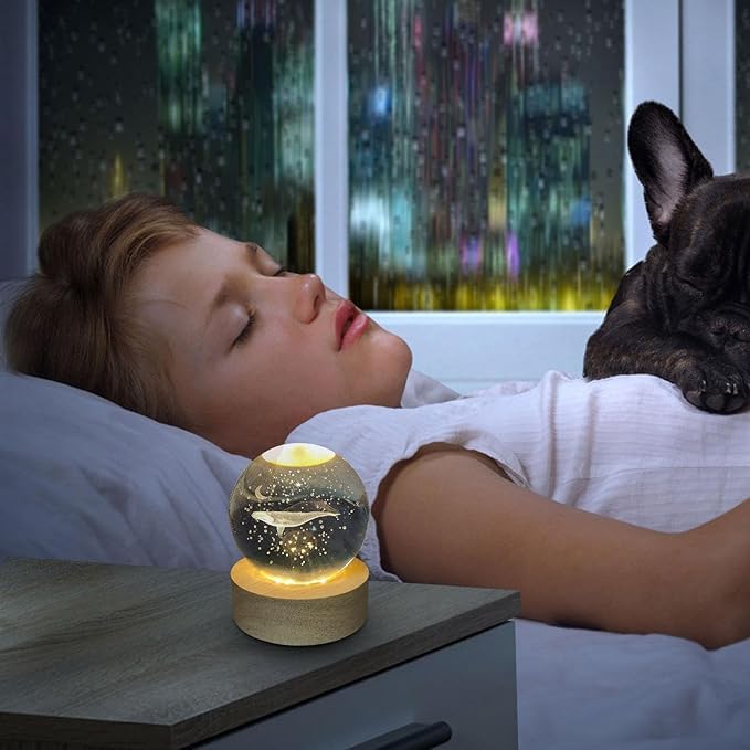 3D Whale Crystal Ball Night Light with LED Wooden Base