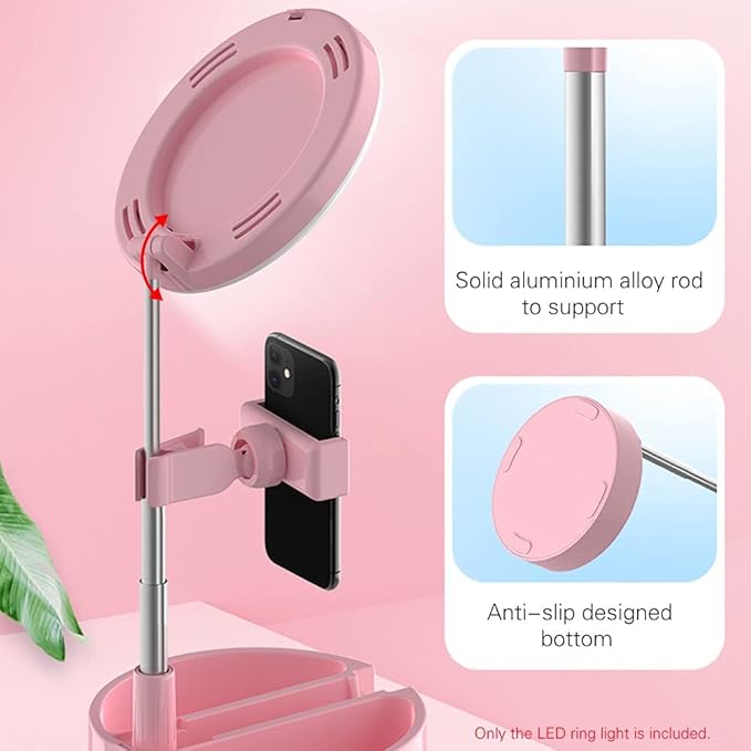 Portable LED Ring Light with Mirror, Phone Holder & Storage – Perfect for Makeup & Content Creation
