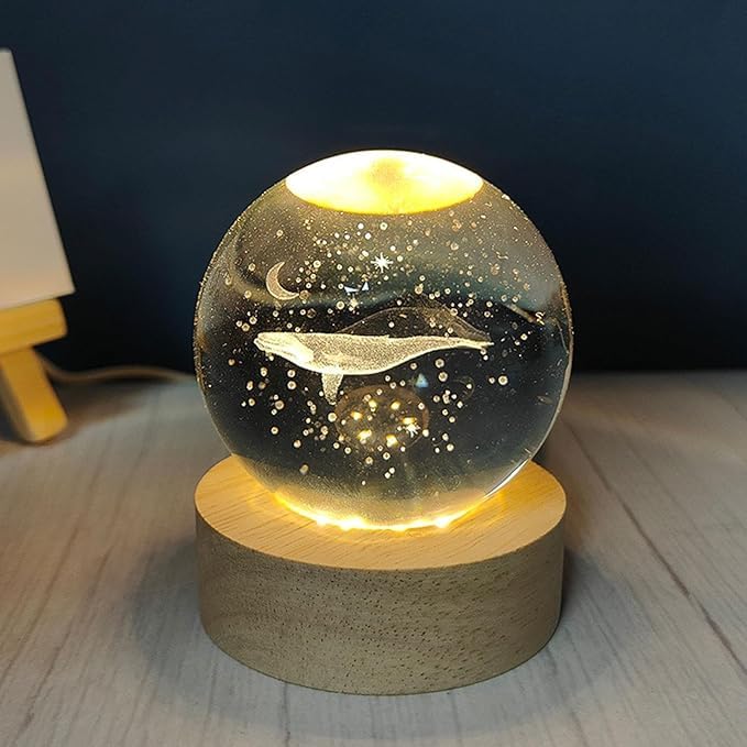 3D Whale Crystal Ball Night Light with LED Wooden Base