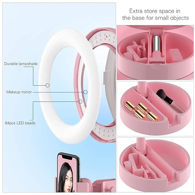 Portable LED Ring Light with Mirror, Phone Holder & Storage – Perfect for Makeup & Content Creation