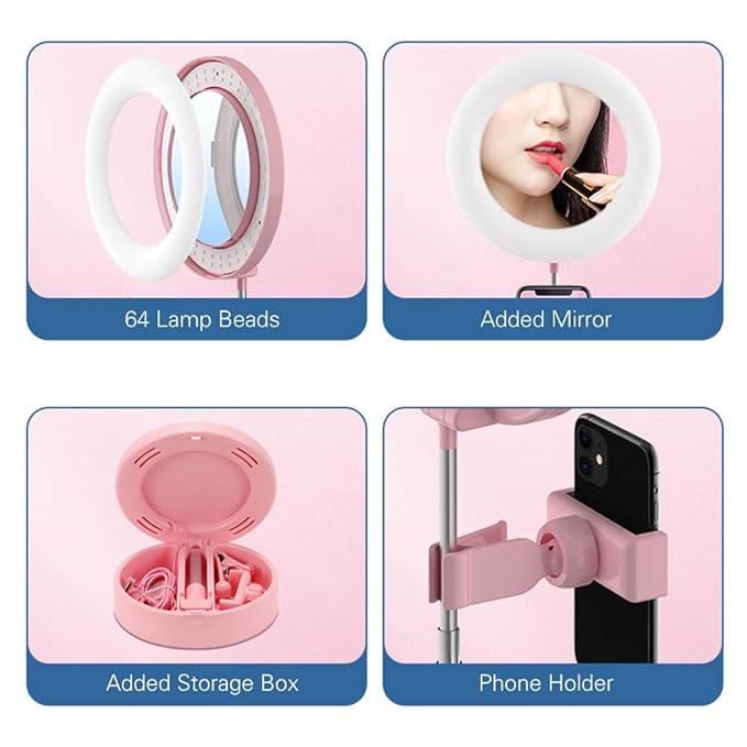 Portable LED Ring Light with Mirror, Phone Holder & Storage – Perfect for Makeup & Content Creation