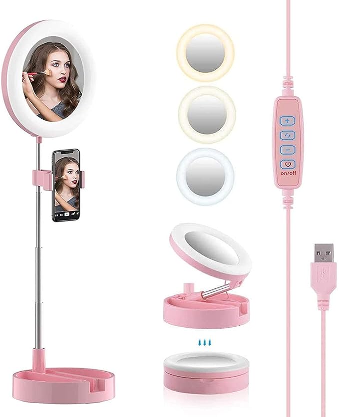 Portable LED Ring Light with Mirror, Phone Holder & Storage – Perfect for Makeup & Content Creation