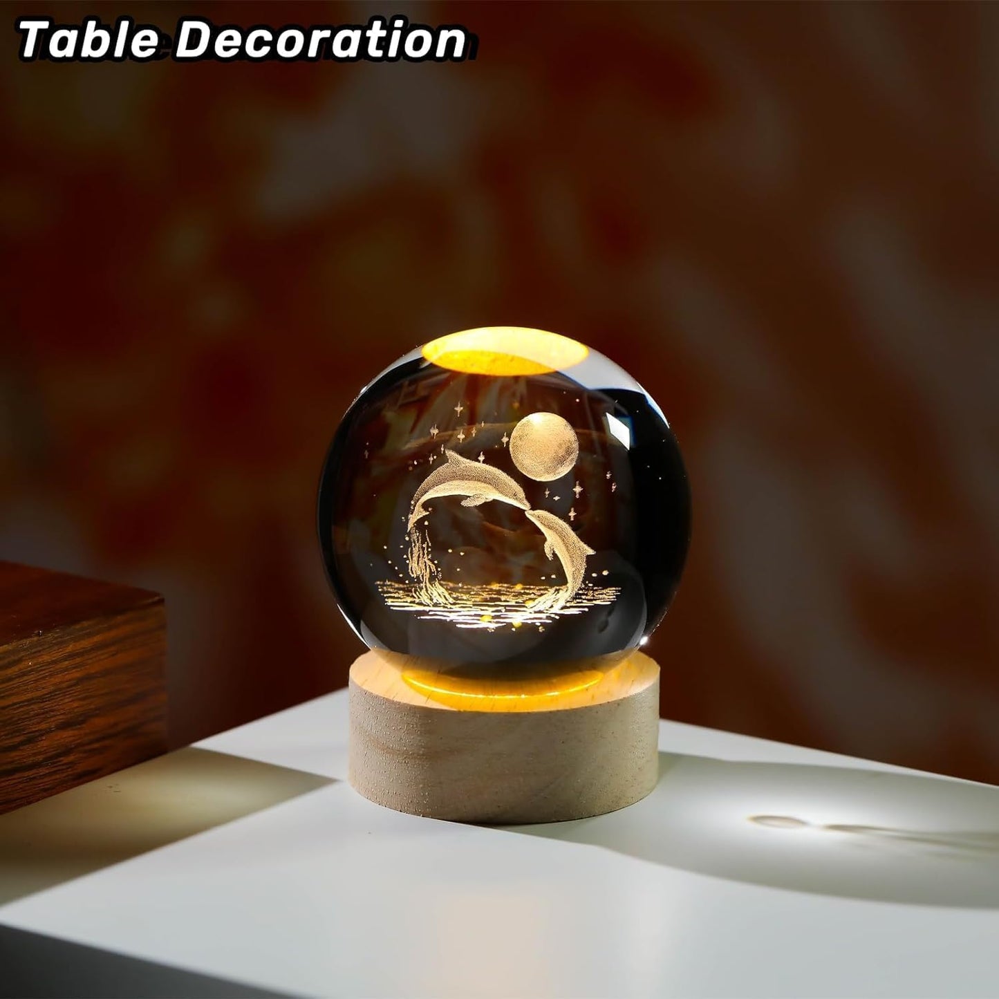 3D Engraved Dolphin Crystal Ball LED Night Light with Wooden Base