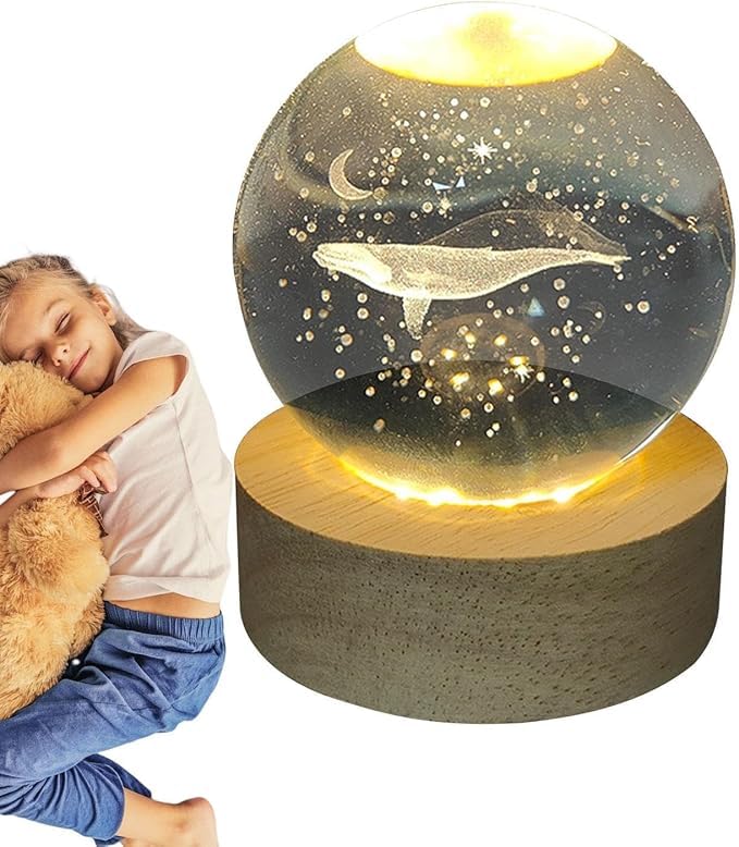 3D Whale Crystal Ball Night Light with LED Wooden Base