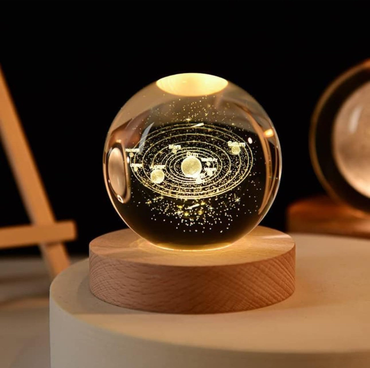 3D Solar System Crystal Ball LED Lamp with Wooden Base – Adjustable Warm Light