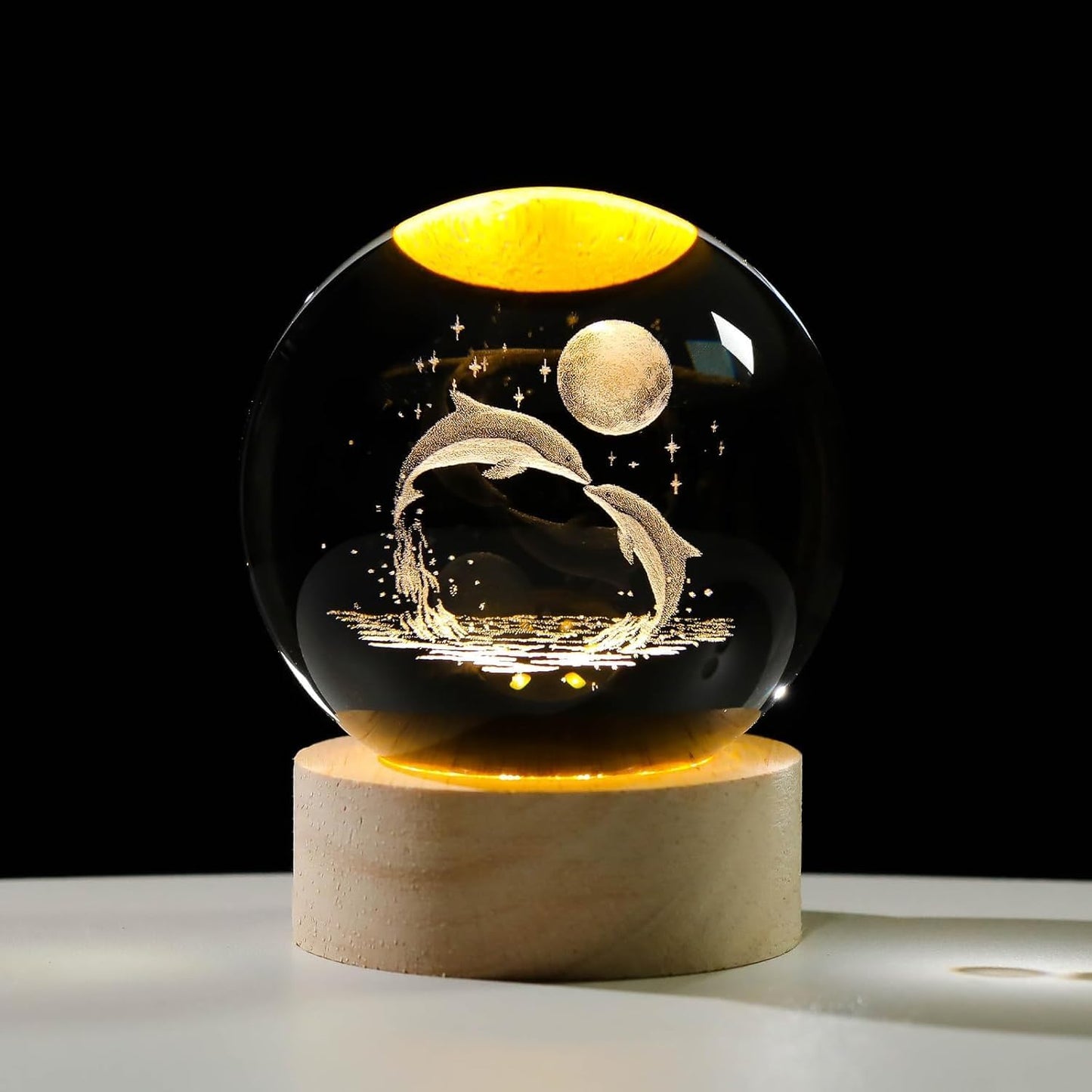 3D Engraved Dolphin Crystal Ball LED Night Light with Wooden Base