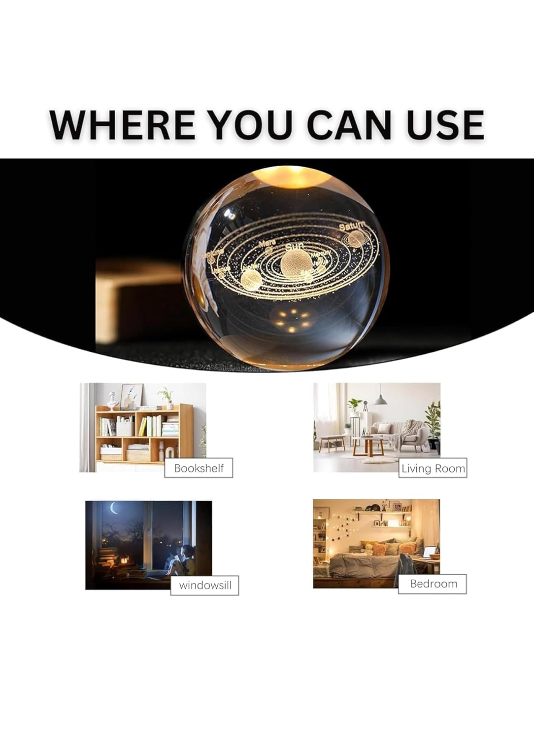 3D Solar System Crystal Ball LED Lamp with Wooden Base – Adjustable Warm Light