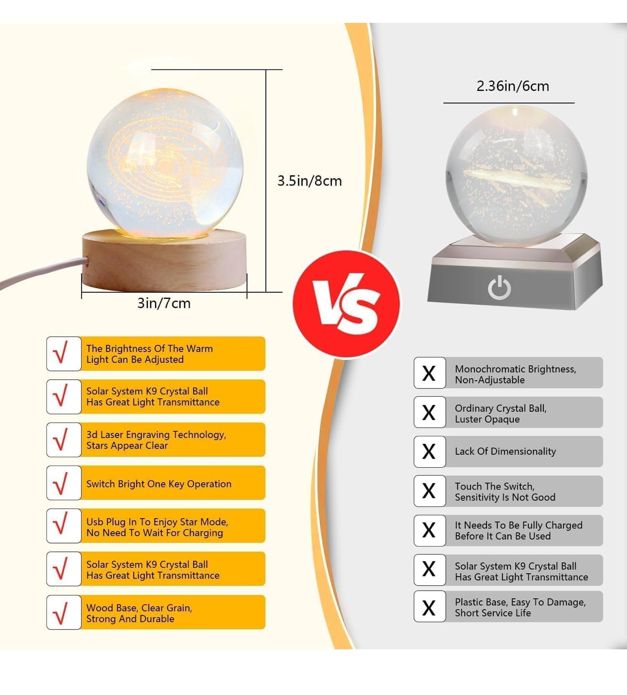 3D Solar System Crystal Ball LED Lamp with Wooden Base – Adjustable Warm Light