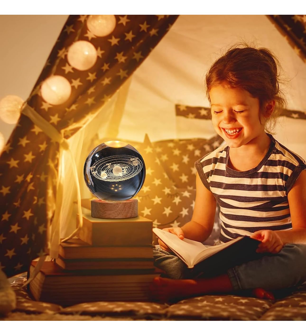 3D Solar System Crystal Ball LED Lamp with Wooden Base – Adjustable Warm Light