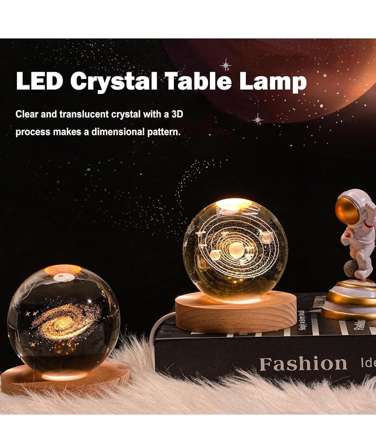 3D Solar System Crystal Ball LED Lamp with Wooden Base – Adjustable Warm Light