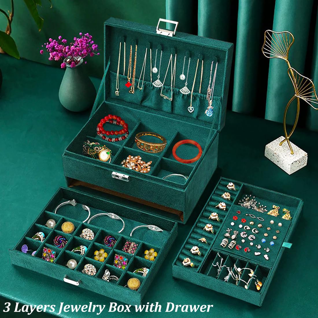 Luxury 3-Layer Velvet Jewelry Box with Lock – Elegant Organizer for Earrings, Rings, Necklaces & More