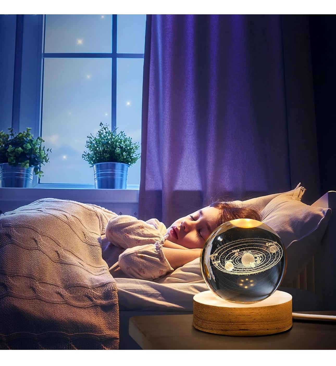 3D Solar System Crystal Ball LED Lamp with Wooden Base – Adjustable Warm Light