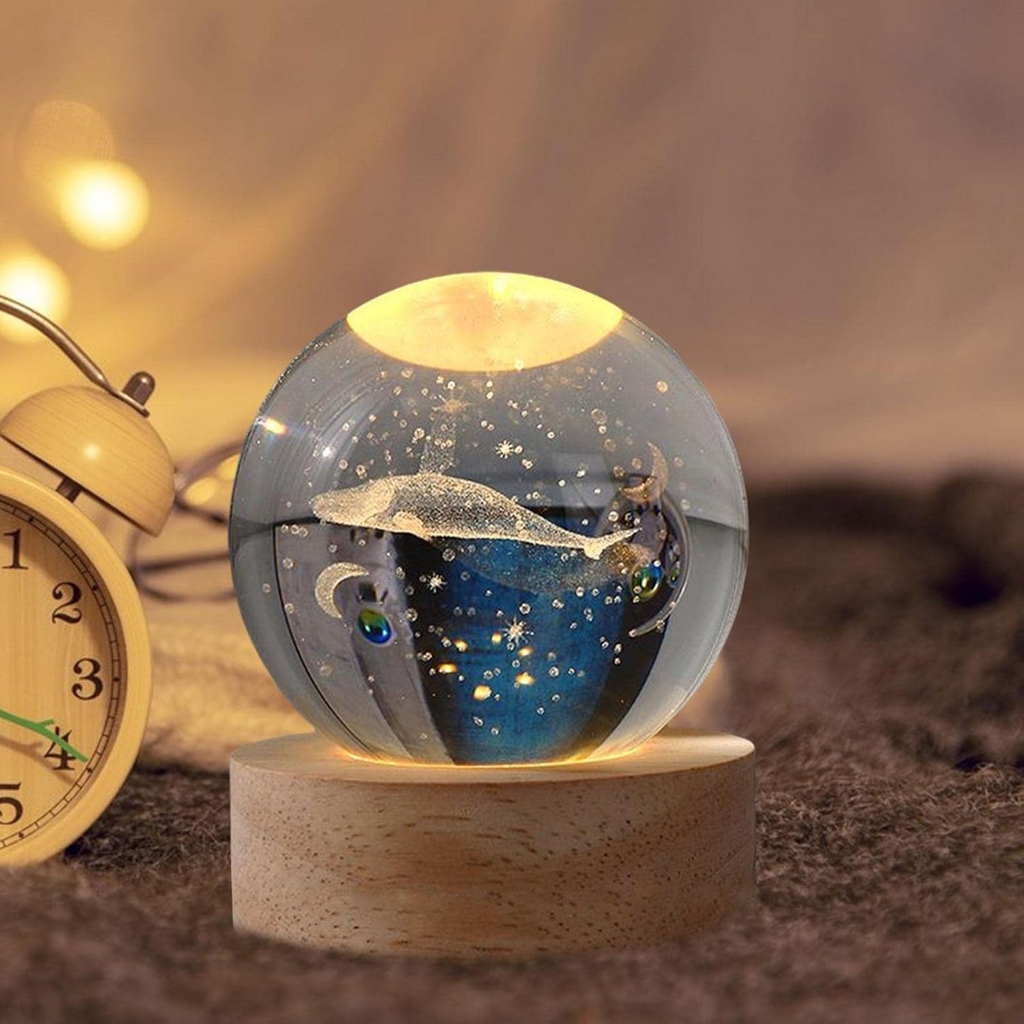 3D Whale Crystal Ball Night Light with LED Wooden Base