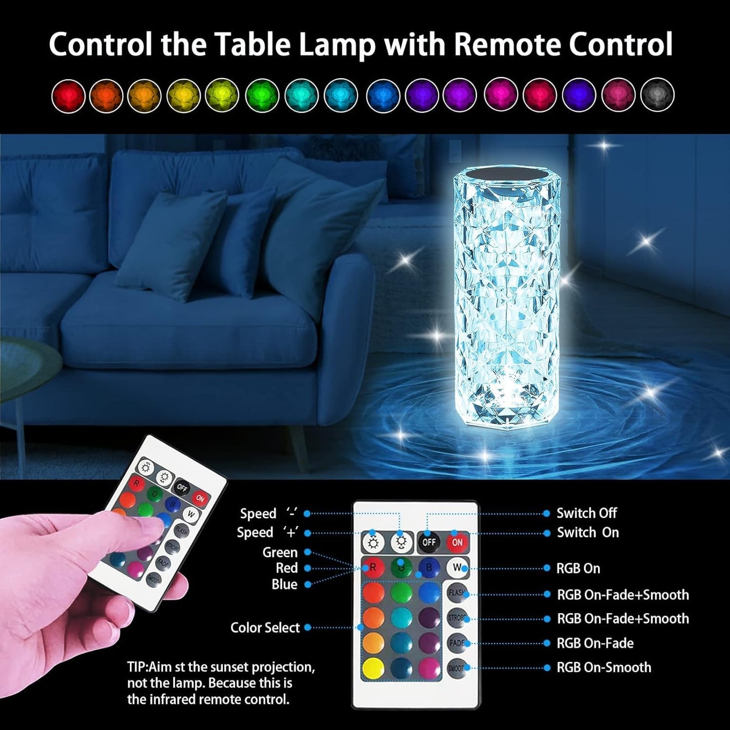 RGB Crystal Table Lamp – 16-Color Touch & Remote Control LED Light