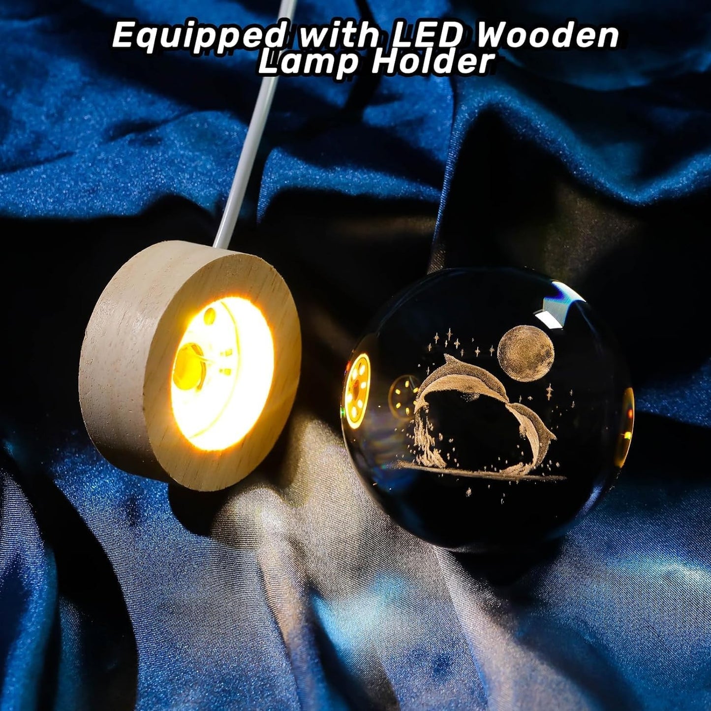 3D Engraved Dolphin Crystal Ball LED Night Light with Wooden Base