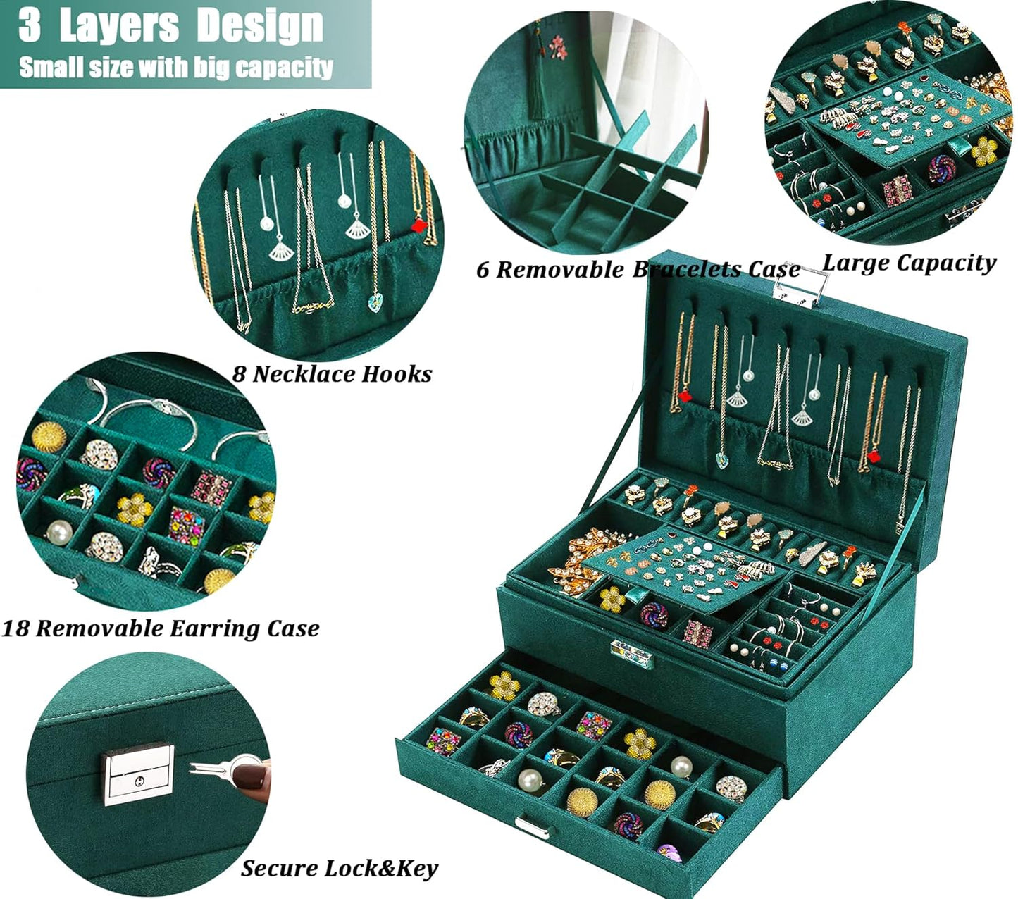 Luxury 3-Layer Velvet Jewelry Box with Lock – Elegant Organizer for Earrings, Rings, Necklaces & More