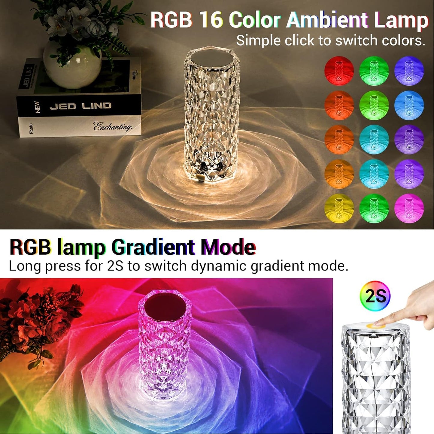 RGB Crystal Table Lamp – 16-Color Touch & Remote Control LED Light