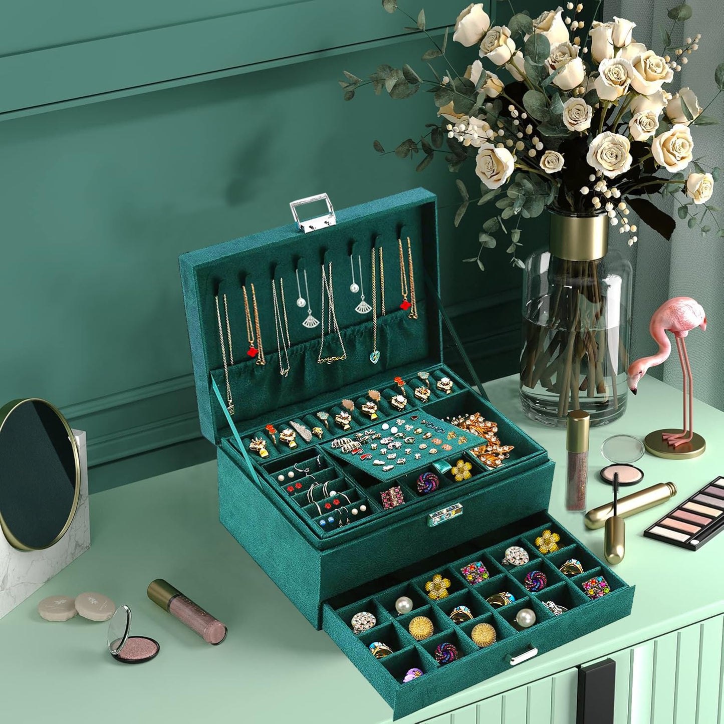 Luxury 3-Layer Velvet Jewelry Box with Lock – Elegant Organizer for Earrings, Rings, Necklaces & More