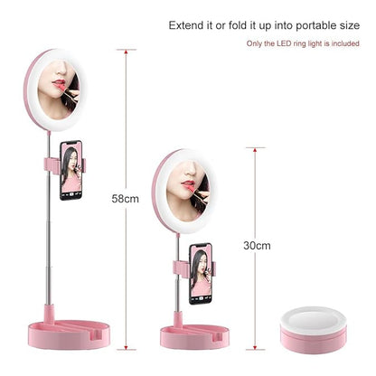 Portable LED Ring Light with Mirror, Phone Holder & Storage – Perfect for Makeup & Content Creation