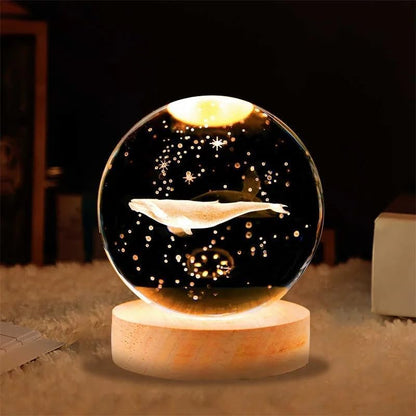3D Whale Crystal Ball Night Light with LED Wooden Base