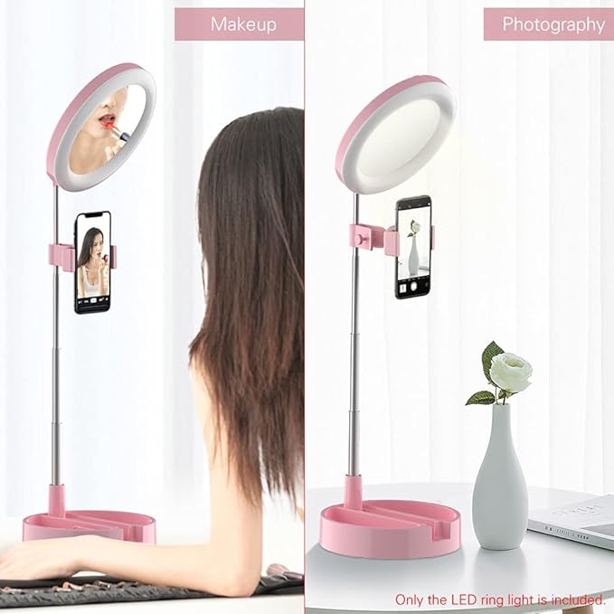 Portable LED Ring Light with Mirror, Phone Holder & Storage – Perfect for Makeup & Content Creation