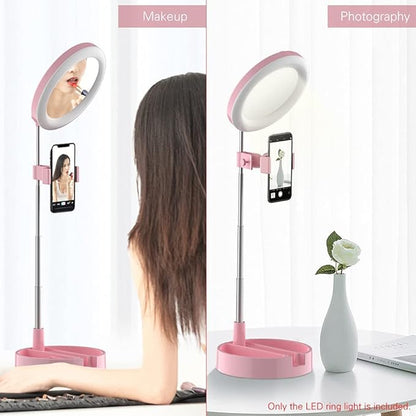 Portable LED Ring Light with Mirror, Phone Holder & Storage – Perfect for Makeup & Content Creation
