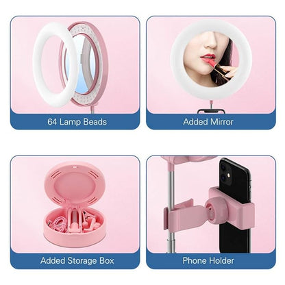 Portable LED Ring Light with Mirror, Phone Holder & Storage – Perfect for Makeup & Content Creation