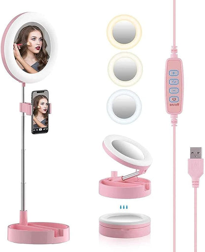 Portable LED Ring Light with Mirror, Phone Holder & Storage – Perfect for Makeup & Content Creation