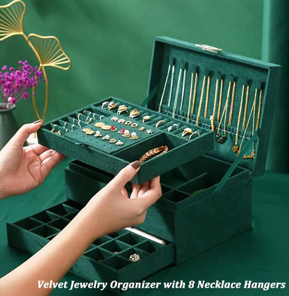 Luxury 3-Layer Velvet Jewelry Box with Lock – Elegant Organizer for Earrings, Rings, Necklaces & More