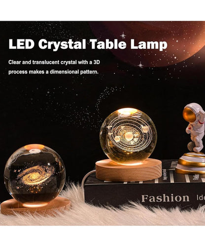 3D Solar System Crystal Ball LED Lamp with Wooden Base – Adjustable Warm Light
