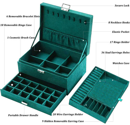 Luxury 3-Layer Velvet Jewelry Box with Lock – Elegant Organizer for Earrings, Rings, Necklaces & More