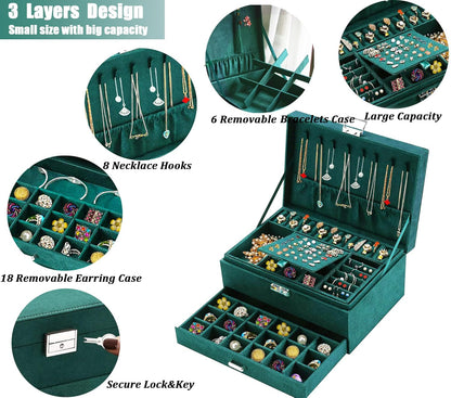 Luxury 3-Layer Velvet Jewelry Box with Lock – Elegant Organizer for Earrings, Rings, Necklaces & More